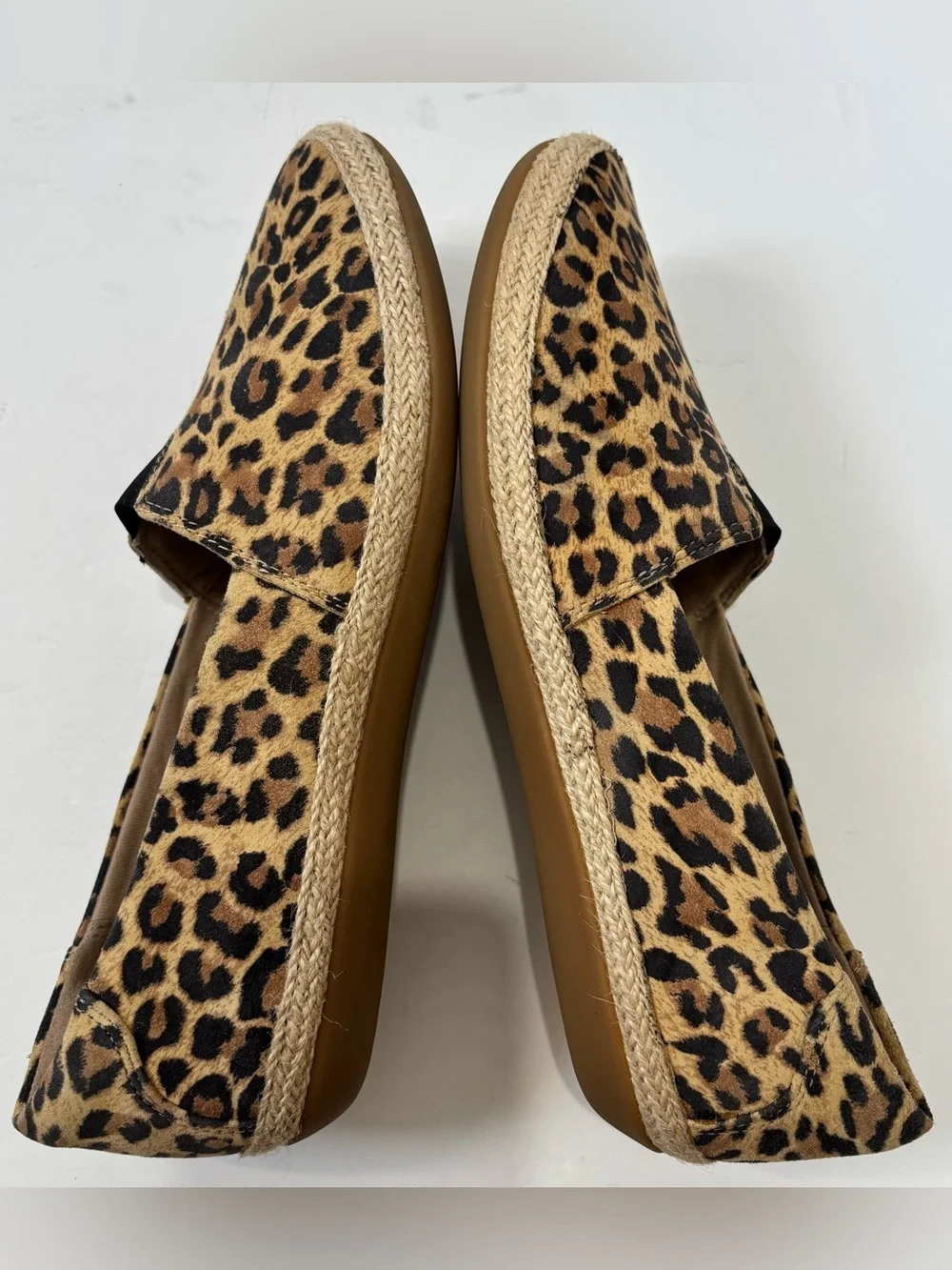 CLARKS Tan Leopard Print Suede Danelly Sky Espadrille Perforated Slip On Flats